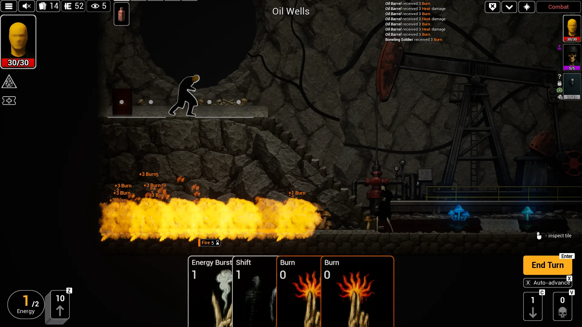 Turn-based combat in the Oil Wells, with burning terrain below the player.