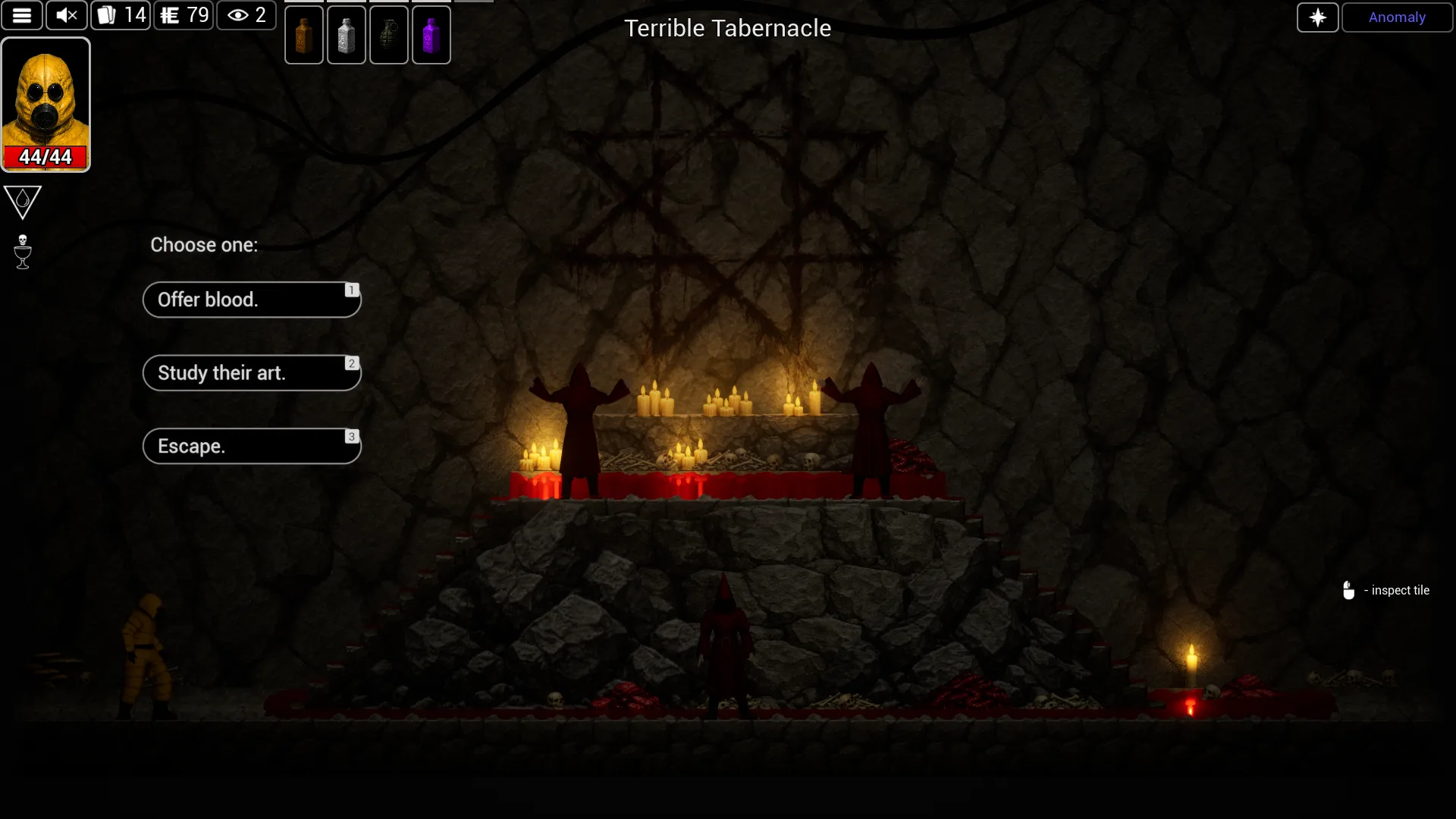 A ritual encounter at the Terrible Tabernacle with three choices.