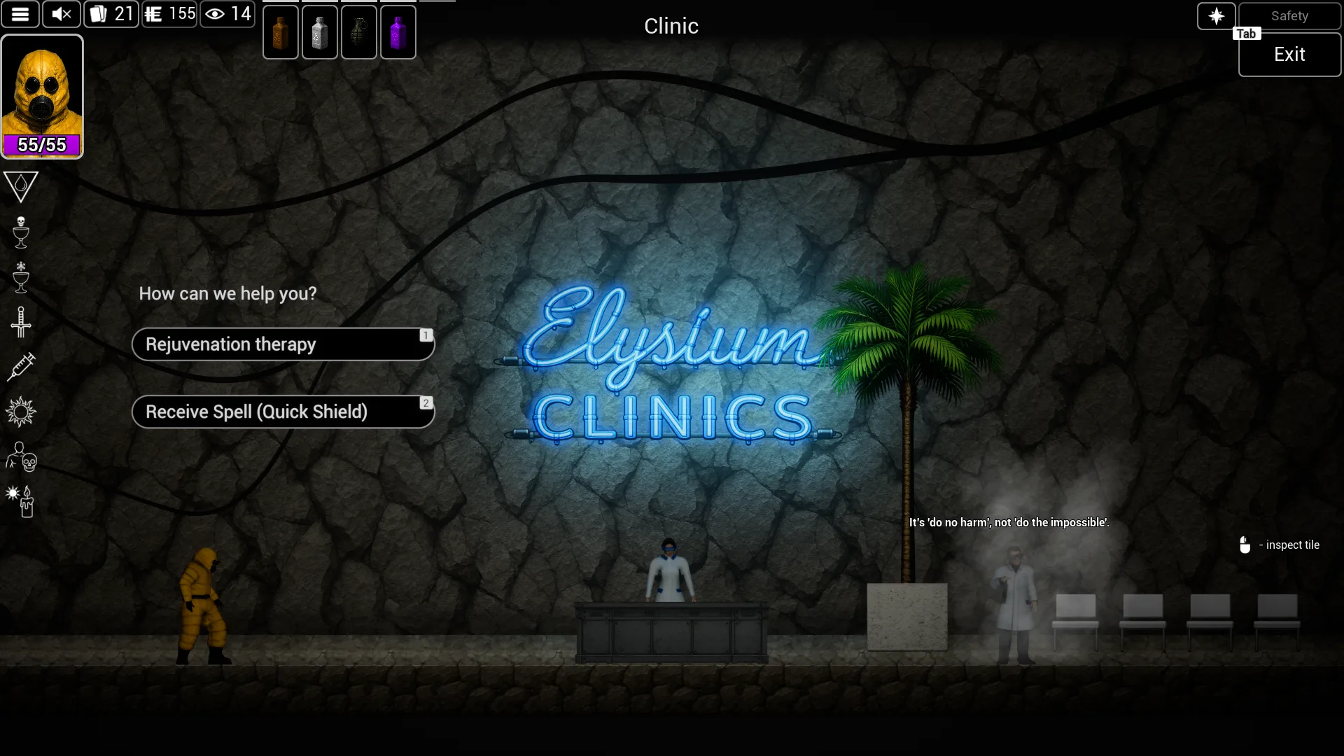 An underground clinic glowing with blue neon behind its staff.
